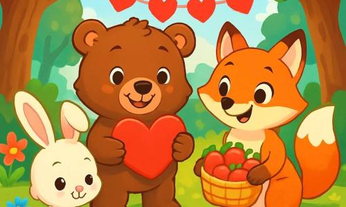 Un piccolo orso bruno, di nome Bruno, con un pelliccia morbida e occhi scintillanti di gioia, si trova al centro della scena, sorridendo ampiamente mentre tiene un grande cuore rosso di carta. Accanto a lui, una volpe rossa di nome Fiorella, con un pelliccia splendente e un'espressione giocosa, tiene un cesto pieno di fragole succose. Un piccolo coniglio bianco, Tito, con grandi orecchie e uno sguardo curioso, è seduto sull'erba, mentre decora una torta a forma di cuore con caramelle colorate. La scena si svolge in una foresta incantata, con alberi maestosi dalle foglie verdi brillanti, fiori colorati che crescono intorno e raggi di sole che filtrano tra i rami, creando un'atmosfera calda e gioiosa. Sullo sfondo, ghirlande di cuori di carta fluttuano nell'aria, aggiungendo un tocco festoso all'insieme. Bruno e i suoi amici celebrano insieme la festa di San Valentino, circondati da risate e gioia, condividendo dolcetti e momenti di amicizia.