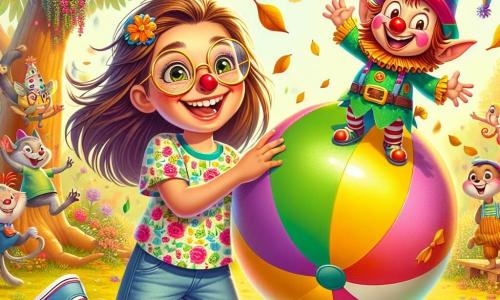 Una niña de 10 años llamada Sofía, con largos cabellos castaños y gafas redondas, está en el centro de la imagen, riendo con ojos llenos de alegría. Lleva una camiseta colorida con motivos de flores y un short de mezclilla, sosteniendo una gran pelota de playa decorada con caras de payaso. A su lado, un pequeño duende llamado Tico, con un sombrero puntiagudo multicolor y una barba roja, realiza una pirueta en el aire, mostrando una gran sonrisa traviesa. En el fondo, el jardín está lleno de flores coloridas, un gran árbol con hojas doradas y animales divertidos como ardillas danzantes y pájaros cantores, creando una atmósfera alegre y mágica. La escena muestra a Sofía y Tico preparando una fiesta en el jardín, rodeados de animales que se divierten, mientras hojas caen suavemente de las ramas, añadiendo un toque de magia al conjunto.