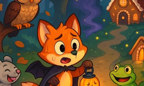 Zorrito, un pequeño zorro de pelaje rojo brillante y grandes ojos llenos de curiosidad, lleva una capa de murciélago negra y sostiene una pequeña linterna en forma de calabaza. Parece emocionado y un poco nervioso, listo para la aventura. A su lado, Búho, un búho sabio de plumas marrones y ojos redondos, observa atentamente desde una rama, con una expresión seria pero benevolente. Ratón, un pequeño roedor gris con una gran sonrisa traviesa, corre alrededor de Zorrito, riendo y moviendo su pequeña cola. Finalmente, Rana, una rana verde de ojos brillantes, salta alegremente sobre una piedra, llena de energía y entusiasmo. El lugar es un bosque misterioso, con árboles de troncos torcidos, hojas de colores cayendo suavemente y luciérnagas brillando en el camino. Sombras bailan a su alrededor, creando una atmósfera mágica y ligeramente aterradora. La situación principal muestra a Zorrito y sus amigos frente a tres caminos misteriosos: uno envuelto en niebla violeta, otro iluminado por luciérnagas doradas y el último que lleva a una casa gigante de jengibre, todos listos para elegir su aventura de Halloween.