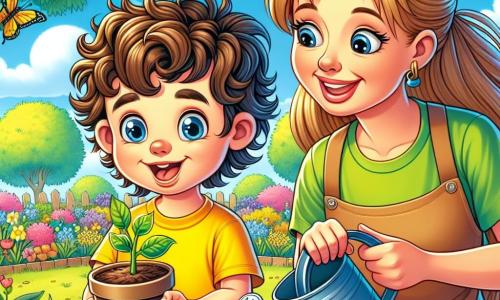 Un ragazzo di 6 anni, di nome Marco, si trova al centro dell'immagine, con un grande sorriso sul volto. Ha capelli castani e ricci, indossa una maglietta gialla e pantaloni corti blu, e tiene un piccolo vaso di fiori nelle mani, guardando con meraviglia una giovane pianta che inizia a crescere. Accanto a lui, l'insegnante Laura, una donna di circa 30 anni, ha capelli lunghi e biondi legati in una coda di cavallo. Sorride calorosamente a Marco mentre tiene un annaffiatoio, pronta ad annaffiare le piante del giardino. Sullo sfondo, il giardino della scuola è pieno di fiori colorati, farfalle che svolazzano e alberi verdi sotto un cielo blu splendente. La scena principale mostra Marco e la sua insegnante mentre piantano semi insieme, circondati dalla bellezza della primavera, simboleggiando la magia della natura che si risveglia.