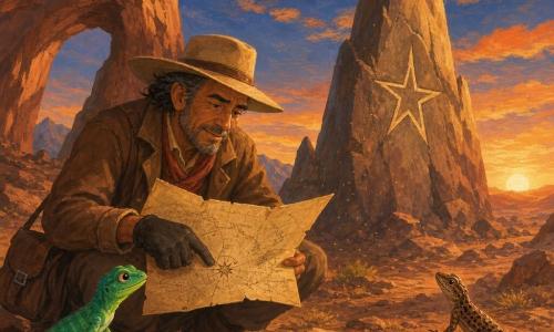 Un uomo (Arturo) dal volto rugoso e dolce, con cappello di tela beige e cappotto bruno polveroso, accovacciato davanti a una grande punta rocciosa a forma di stella, tiene una vecchia mappa pergamenata con una mano guantata e la guarda determinato e sereno; una piccola lucertolina verde (Lina) dai riflessi smeraldo è su una pietra accanto alla gamba destra di Arturo e indica un segno sulla mappa inclinando la testa, mentre un ramarro del deserto brunastro e macchiato, in posizione di guida su un'altra pietra, guarda verso la roccia; il luogo è un altopiano arido dal terreno rossiccio con archi di roccia, cielo crepuscolare blu profondo con tocchi aranciati e polvere dorata che fluttua nella luce; palette gouache calda (ocra, rosso ruggine, ambra) per il suolo, verdi vivaci per Lina e accenti blu e arancio per il cielo, con texture di pennello e lavaggi morbidi.