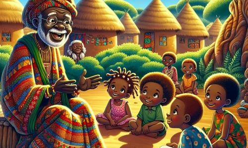 Un uomo anziano, Baba Juma, si trova al centro della scena, con un ampio sorriso caloroso sul volto rugoso. Indossa una tunica colorata con motivi africani vivaci e un cappello di paglia. I suoi occhi brillano di saggezza mentre parla ai bambini, gesticolando con entusiasmo. Intorno a lui, diversi bambini ascoltano attentamente. Tra loro, una ragazza di otto anni, Amina, con i capelli crespi e lucenti, guarda Baba Juma con ammirazione. Indossa un vestito di tessuto leggero dai colori vivaci e tiene un piccolo quaderno in mano, pronta a prendere appunti. Un ragazzo di sette anni, Kofi, con occhi rotondi e curiosi, è seduto a gambe incrociate, le mani sulle ginocchia, affascinato dalle storie del saggio. La scena si svolge in un pittoresco villaggio africano, con capanne di terra battuta e alberi maestosi sullo sfondo. Il sole splende alto nel cielo, illuminando il paesaggio verde e creando un'atmosfera calda e accogliente. Baba Juma racconta una storia affascinante sulla natura, mentre i bambini, meravigliati, si lasciano trasportare dalle sue parole. L'aria è piena di risate e curiosità, e la magia della saggezza ancestrale unisce tutti i personaggi in un momento di armonia e apprendimento.