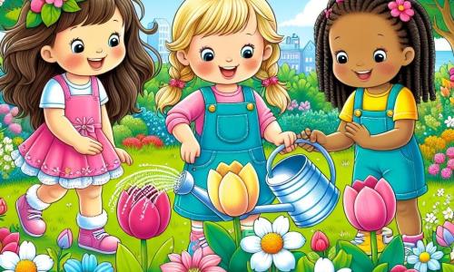 Drie kleine meisjes, Anna, Mia en Sara, zijn in een bloeiende tuin. Anna, een 7-jarig meisje met lang bruin haar en een roze jurk, zit bij een bloem en bewondert de kleuren. Mia, een 6-jarig meisje met vlechten en een blauwe overall, houdt een gieter vast en glimlacht naar de bloemen. Sara, een 8-jarig meisje met rood haar en een gele t-shirt, staat met uitgestrekte armen, alsof ze de lente verwelkomt. De tuin is gevuld met schitterende bloemen: roze tulpen, gele narcissen en witte madeliefjes, onder een heldere blauwe lucht met witte wolken. Vogels zingen vrolijk in de groene bomen en een lichte bries laat de bladeren dansen. De drie meisjes hebben plezier met het besproeien van de bloemen, lachend en verwonderd over de schoonheid van de omringende lente.