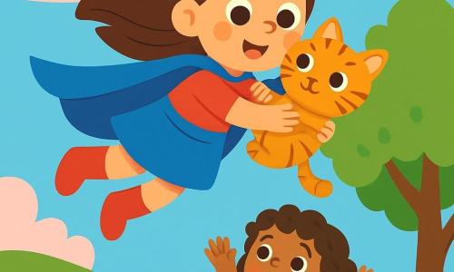 Mila, una supereroina sorridente, indossa un brillante mantello blu e stivaletti rossi. I suoi lunghi capelli fluttuano nel vento e i suoi occhi brillano di gioia mentre vola nel cielo. Accanto a lei, un piccolo gattino dal pelo morbido e tigrato, con grandi occhi curiosi, è rannicchiato tra le sue braccia. Sembra felice e sollevato. In basso, una bambina di 6 anni, con capelli ricci e vestita di rosa, alza le braccia con meraviglia, guardando Mila e il gattino. Lo sfondo è un magnifico paesaggio di Luminia, con un cielo azzurro, nuvole rosa e fiori colorati che danzano al vento. La scena principale mostra Mila che vola per salvare il gattino bloccato in un albero, mentre la bambina ammira la scena con occhi sbalorditi.