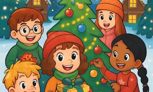 Há 5 crianças: - Clara: uma menina de 9 anos, com grandes olhos azuis brilhantes e cabelos castanhos cacheados, usando um gorro vermelho e um cachecol verde. Ela está no centro, sorrindo, segurando uma caixa de presentes. - Tomás: um menino de 10 anos, com cabelos loiros bagunçados e sardas no nariz, vestido com um casaco azul e um cachecol listrado. Ele está à esquerda de Clara, segurando uma bola de Natal brilhante. - Leonor: uma menina de 8 anos, com cabelos negros trançados e um sorriso radiante, vestida com um vestido vermelho com padrões de flocos de neve. Ela está à direita de Clara, decorando um pinheiro de Natal com guirlandas. - Gabriel: um menino de 9 anos, com cabelos castanhos curtos e óculos redondos, usando um suéter verde com um rena desenhada. Ele está atrás de Clara, segurando uma cesta cheia de biscoitos de Natal. - Inês: uma menina de 9 anos, com cabelos longos e lisos, vestida com um casaco rosa e um gorro com pompom. Ela está um pouco atrás, sorrindo e olhando para os outros. O local é uma charmosa praça de vila, coberta por uma espessa camada de neve cintilante. Grandes pinheiros decorados com luzes coloridas cercam a praça, e casas de madeira com telhados nevados são iluminadas por guirlandas douradas. No centro, um grande pinheiro de Natal brilha intensamente, cercado por flocos de neve caindo suavemente. A cena principal mostra as crianças reunidas em torno do pinheiro de Natal, rindo e decorando a árvore com guirlandas e bolas coloridas, enquanto compartilham biscoitos e cantam canções de Natal, criando uma atmosfera alegre e festiva.