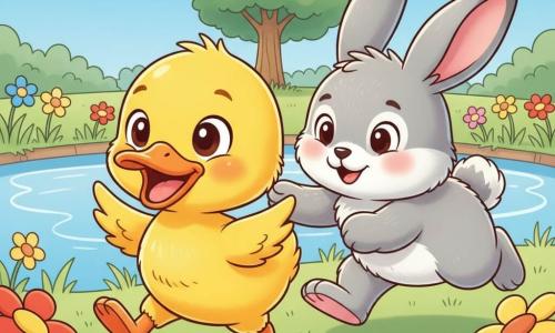 A small bright yellow duck with shiny feathers, round expressive eyes and a slightly surprised, joyful look is stumbling forward with one wing raised; a soft gray rabbit named Fluffy with large pink ears and fluffy fur runs up from just behind to offer a paw and help. The background shows a light-blue reflective pond, tender green grass dotted with colorful flowers, and a distant round-foliaged tree under a blue sky with a few fluffy white clouds. Main situation: a friendly race between friends where the duck trips on a small pebble and the rabbit returns to help, conveying helpfulness and smiles, with simple composition, saturated colors, soft outlines and rounded shapes.