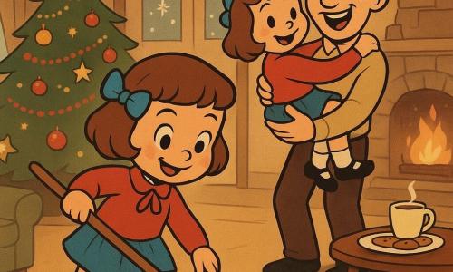 Niña de 4 años, feliz y concentrada, con mejillas sonrosadas y suéter rojo con renos, barre cerca del gran árbol de Navidad decorado; encuentra una pequeña figurita de reno bajo el sofá y una galleta en el suelo; la madre (unos 30 años) aplaude en la puerta y el padre (unos 32) la sostiene riendo, ambos la miran con ternura; ambiente cálido y festivo con chimenea crepitando, ventana con copos de nieve, mesa con galletas y chocolate caliente, iluminación cálida, estilo amigable y sin elementos aterradores.