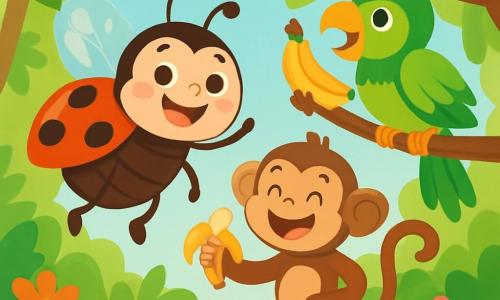 A little ladybug named Lulu, with a bright red back dotted with black spots, expresses radiant joy with a big smile and sparkling eyes. She joyfully flies through the air, her translucent wings shining in the sun. Next to her, a mischievous monkey named Bongo, with brown fur and playful eyes, swings on a branch, laughing and holding a banana. A colorful parrot, Penny, with bright green and yellow feathers, perches on another branch, joyfully squawking. The scene takes place in a lush jungle filled with tall trees, vibrant green leaves, colorful flowers, and sunlight filtering through the foliage. On the ground, jungle animals gather for a joyful parade, creating a festive and lively atmosphere. Lulu, the ladybug, is searching for her missing spots, surrounded by her friends, laughing and having fun while they search together in the jungle.