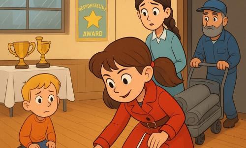 A 10-year-old girl detective with brown pigtails, a focused smile, red coat and red notebook bends to pick up a gold ribbon from a dusty wooden floor; Sam, a shy blond boy of about 6, sits left by the trophy table looking at her; Bella, about 11 with braided brown hair, stands to the right behind the detective, worried but relieved, holding a corner of a crumpled tablecloth; a 50-year-old janitor with a gray beard and blue cap pushes a gray cart with rolled rugs near the storage door in the background; setting is a busy school gym with folding tables, white tablecloths, colorful garlands, “Responsibility Award” posters and soft light through rainy windows; the detective follows a trail of gold glitter to a storage closet where a golden trophy is half hidden behind rugs, mystery resolved, expressions of relief and joy.