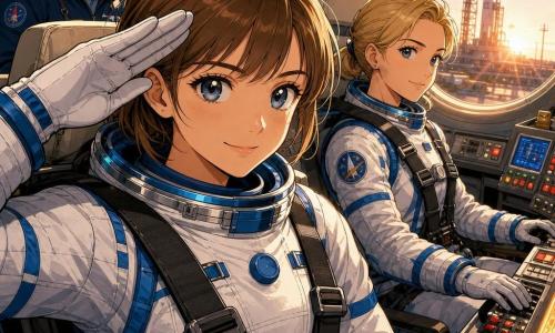 The protagonist is a young woman (about 28) in a white-and-blue pressurized spacesuit, focused yet serene, bright eyes and a faint smile, seated in her spacecraft seat and saluting the camera with a gloved hand; a secondary character is a mission controller (about 45) visible on a screen behind her, calm and attentive, wearing a headset and jacket with a logo while watching numeric displays; another secondary is a teammate (about 32) in the adjacent strapped seat, exchanging a confident look and resting a hand on a control panel; the scene is the interior of a compact, bright spacecraft cockpit with gray metal panels, red and green buttons, blue and orange displays, black harnesses and cream padded bulkheads, moments before launch with soft tension and morning light through a small round window showing the launch pad and floodlights; visual style: clean manga lines, vivid colors with soft contrast, warm face lighting, textured fabric and metal details, tight perspective centered on the astronaut.