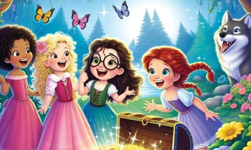 In an enchanted clearing, four brave girls stand together. On the left, Lily, a 10-year-old with curly blonde hair and a pink dress, smiles enthusiastically. To her right, Mia, a 9-year-old with straight brown hair in a blue dress, raises her arms energetically. In the center, Ella, a 10-year-old with red hair in braids, looks wide-eyed, fascinated by the scene. Finally, on the right, Daisy, an 8-year-old with brown hair and glasses, stands proudly with a bright smile. Behind them, the Big Bad Wolf, a large gray wolf with bright eyes and a friendly grin, stands at a respectful distance, watching them kindly. The clearing is filled with colorful flowers sparkling in the sun, and butterflies dance around them, creating a magical atmosphere. At the center, an open treasure chest shines brightly, revealing sparkling gems and golden coins. The girls, gathered around the chest, express their joy and wonder, while the wolf encourages them to celebrate their bravery and friendship.