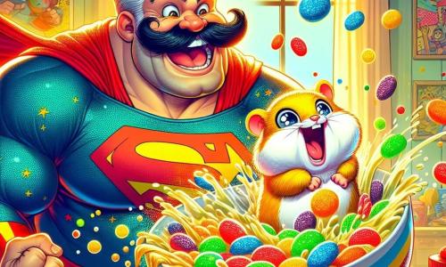Super Bigote, un hombre musculoso con una gran sonrisa, lleva un traje colorido con motivos de cómics. Su largo bigote negro flota en el viento mientras intenta atrapar a su hámster Bolita, un pequeño roedor de pelaje dorado, que revolotea alegremente en el aire, rodeado de burbujas de gelatina colorida. Bolita, con ojos brillantes de emoción, está planeando sobre un tazón de cereales volcado, donde la gelatina resplandeciente se extiende a su alrededor. La escena se desarrolla en una habitación desordenada, llena de juguetes esparcidos, carteles de superhéroes en las paredes y una ventana abierta que deja entrar la luz del sol. Super Bigote, con un aire decidido y divertido, intenta salvar a Bolita de la gelatina gigante que amenaza con engullirlo, mientras risas resuenan en el aire.
