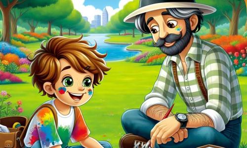 In primo piano, un giovane ragazzo di nove anni di nome Aldo è seduto sull'erba verde del parco, con un grande sorriso che illumina il suo viso. Ha capelli castani disordinati, occhi scintillanti di curiosità e indossa una maglietta colorata con schizzi di vernice. Aldo tiene un pennello in una mano e un blocco da disegno nell'altra, assorbito nella creazione di un paesaggio vibrante. Accanto a lui, un uomo di circa 30 anni di nome Luca è seduto su una panchina di legno. Indossa un cappello a tesa larga, ha una barba ben curata e una camicia a quadri. Luca osserva Aldo con benevolenza, tenendo una tavolozza di colori in mano, pronto a condividere i suoi consigli artistici. Sullo sfondo, si estende un parco lussureggiante, con alberi maestosi dalle foglie verdi brillanti, fiori colorati sparsi sul terreno e un lago scintillante sotto il sole. Uccelli volano nel cielo blu, aggiungendo vita a questo quadro pacifico. La scena principale mostra Aldo mentre dipinge un paesaggio ispirato dalla bellezza del parco, mentre Luca lo incoraggia e gli insegna i segreti dell'arte, creando un momento magico di apprendimento e creatività.