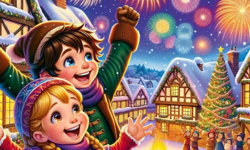 Ein 11-jähriger Junge, Max, mit zerzausten braunen Haaren und einem breiten Lächeln, steht im Mittelpunkt der Szene, seine Augen leuchten vor Aufregung, während er ein wunderschönes Feuerwerk am Nachthimmel betrachtet. Neben ihm seine beste Freundin Lisa, ein 11-jähriges Mädchen mit langen, geflochtenen blonden Haaren und einer bunten, niedlichen Weltkarte, die voller Freude die Arme in die Luft hebt und lacht. Ihre Umgebung ist ein charmantes, verschneites Dorf mit holzverkleideten Häusern, die mit Lichtern geschmückt sind, sanft fallenden Schneeflocken und einem großen, funkelnden Weihnachtsbaum auf dem Dorfplatz. Die Dorfbewohner, versammelt um ein großes Lagerfeuer, singen und tanzen und schaffen eine festliche, warme Atmosphäre. Die Hauptsituation zeigt Max und Lisa, die von den leuchtenden Farben des Feuerwerks, das den Himmel erhellt, fasziniert sind und die Magie des Neujahrs sowie die Abenteuerwünsche für das kommende Jahr symbolisieren.