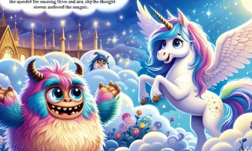 Fluffel, het vriendelijke monster, is een ronde, mollige wezens met zachte, kleurrijke vacht, grote verenoren en een brede glimlach die zijn gezicht verlicht. Hij danst vrolijk tussen de wolken, zijn ogen sprankelend van opwinding en vastberadenheid. Luna, de prachtige eenhoorn, is een gracieuze creatie met een glinsterende, regenboogkleurige manen. Ze staat naast Fluffel, met glanzende ogen vol moed, klaar om hem te helpen het heiligdom te beschermen. De plaats is een magisch koninkrijk in de lucht, met donzige wolken en fonkelende sterren die het landschap verlichten. In de verte is een gouden heiligdom te zien, omringd door zingende bloemen en feeërieke lichten. De hoofdscene toont Fluffel en Luna verenigd in hun verdediging van het heiligdom tegen een kwaadaardige tovenaar die probeert dichterbij te komen, terwijl ze samen zingen om de magie van de dromen om hen heen te versterken.