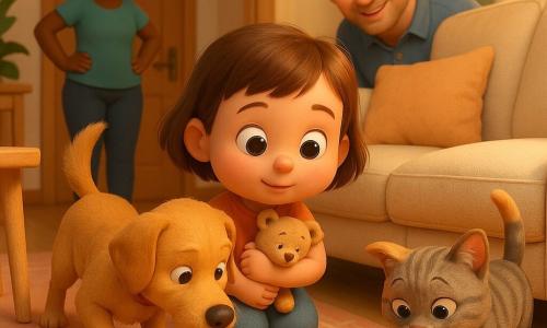 Una bambina di 2 anni, Lia, con espressione curiosa e decisa, tiene un orsacchiotto beige sul petto accovacciata davanti a un divano e guarda tre pezzi di biscotto nascosti sotto un cuscino; a destra il cane Pipo, medio, pelo dorato e coda scodinzolante, annusa la fessura con il muso pieno di briciole; a sinistra il gatto Mimi, piccolo tigrato grigio con occhi verde smeraldo, è sul tappeto con una zampa su una briciola e fa le fusa; sullo sfondo la mamma di circa 30 anni sorride con le mani sui fianchi vicino a una porta e il papà di circa 32 anni è leggermente accovacciato dietro il divano; salotto caldo e luminoso in tonalità pastello con divano beige, tappeto pesca e tavolino in legno chiaro, traccia di briciole e impronte di zampe che conducono al divano, scena tenera e giocosa di una piccola indagine.