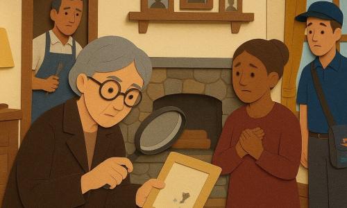 La protagonista è una detective di circa 65 anni, capelli corti grigi, occhiali tondi, volto dolce e concentrato, che tiene una lente brillante in una mano e un piccolo taccuino ingiallito nell’altra mentre scruta una cornice vuota; la cliente è una signora di circa 60 anni, capelli castani raccolti in chignon, occhi umidi ma sollevati, vicino al camino con le mani sul petto che guarda il quadro vuoto; il vicino è un uomo di circa 50 anni, capelli sale e pepe, grembiule da bricolage con vernice blu sul tallone della scarpa, tiene un cacciavite nell’anta della porta sullo sfondo; il postino è un giovane di circa 25 anni, berretto e borsa a tracolla con motivi di barche, imbarazzato, con una striscia di vernice blu sulla borsa, in piedi accanto alla finestra; la scena è un salotto caldo e antico: muro crema con una rettangolare più chiara dove pendeva il quadro, grande camino in pietra, tappeto floreale, scaffali pieni di cornici, luce soffusa da una lampada; situazione principale: la detective esamina la cornice vuota vicino al camino, la lente ingrandisce un pezzetto di cartoncino attaccato al telaio, si vedono briciole di polvere, un’impronta con una macchia di vernice blu sul pavimento e una coperta piegata nella stanza adiacente, atmosfera calma e curiosa, toni caldi e contrasti netti come forme di carta sovrapposte.