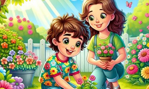 Een 12-jarig jongetje met bruin, krullend haar en een stralende glimlach op zijn gezicht, zit in een zonnige tuin en plant bloembollen in de losse aarde. Hij draagt een kleurrijk t-shirt met bloemenpatronen en een spijkerbroek, en zijn ogen stralen van opwinding en nieuwsgierigheid. Naast hem staat zijn moeder, een vrouw van ongeveer 35 jaar met lang kastanjebruin haar, gekleed in een groene t-shirt en tuinhandschoenen, die trots naar hem kijkt terwijl ze een klein bloempotje vasthoudt. Ze glimlacht en geeft hem tips over hoe hij de zaden goed moet planten. De tuin is levendig met kleuren, met bloemen die beginnen te bloeien, bloeiende bomen en zingende vogels in de blauwe lucht. Zonnestralen filteren door de bladeren en creëren een vrolijke en uitnodigende sfeer. In deze scène werken de jongen en zijn moeder samen om de tuin voor de lente voor te bereiden, wat de vreugde van groei en het begin van een nieuw avontuur symboliseert.