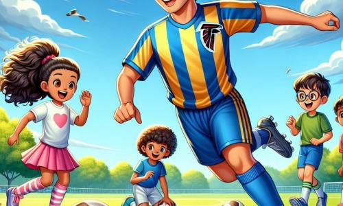 Leo Thompson, a man in his thirties with brown hair and determined sparkling eyes, is dribbling a soccer ball on a green field. His radiant smile shows his joy and passion for the game, while he wears his vibrant blue and yellow Falcons jersey. Nearby, Mia, a 10-year-old girl with long curly hair, jumps for joy, waving a small Falcons flag. She wears colorful shorts and sneakers, her face lit up with excitement. Jake, a 9-year-old boy with curly hair and a big smile, is attempting a goal shot, focused and determined, while Sam, a shy 8-year-old boy with glasses, watches closely, holding a notebook to jot down Leo's tips. The scene takes place on a sunny soccer field surrounded by lush trees and children's laughter. The blue sky is dotted with a few white clouds, and the grass is a vibrant green, creating a joyful and dynamic atmosphere. Leo teaches the children soccer techniques, encouraging them to have fun while learning, and the energy of the scene is filled with camaraderie and passion for the sport.
