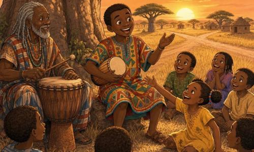 Kofi, a smiling man with a round face and chocolate-brown skin, holds a small drum and animatedly tells a story; an elderly griot (around 70) with dark skin and grey braids sits left under a massive baobab, kindly tapping a large wooden drum; a seven-year-old girl with pigtails in a yellow dress, knees muddy, laughs and reaches toward Kofi while several children (ages 5–10) sit on the golden grass with amazed, bright smiles; setting: a crossroads beneath the baobab at sunset with an orange-pink sky, tall golden grass, acacia silhouettes and distant mud houses; mood: warm sunset storytelling, griot accompanying on drum, joyful children, soft atmosphere, warm colors, rounded features and visible fabric textures with golden light.