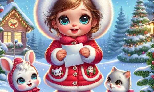 Una bambina di un anno, Mia, con grandi occhi brillanti e guance rosa, è in piedi nella neve, con un grande sorriso sul volto. Indossa un cappotto rosso vivo con un cappuccio di pelliccia bianca e stivali di lana. Nelle sue piccole mani tiene una lettera indirizzata a Babbo Natale, piena di eccitazione e gioia. Accanto a lei c'è un adorabile coniglietto bianco di nome Fluffy, con grandi orecchie e un pelo soffice, che guarda Mia con curiosità. Più lontano, una dolce gatta grigia di nome Luna, con un collare rosa, si strofinano contro la gamba di Mia. Il paesaggio è incantevole, con fiocchi di neve che cadono dolcemente da un cielo blu chiaro e abeti verdi decorati con ghirlande scintillanti. Mia, entusiasta, si prepara a consegnare la lettera a Babbo Natale, che si trova davanti alla sua casa di legno, addobbata con luci colorate e una grande porta rossa, pronta ad accogliere la magia del Natale.