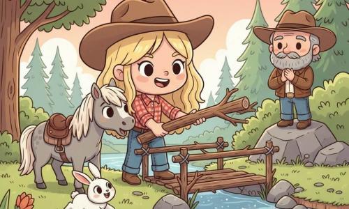 Een jonge cowgirl, Lila, glimlachend en vastberaden, met warrig blond haar en een bruin Stetsonhoed, rood geruit overhemd en blauwe jeans, legt een grote tak om een kleine houten loopbrug over een heldere rivier af te maken; naast haar staat het lichtgrijze pony Bliksem met vriendelijke ronde ogen en een versleten zadel, en een klein wit konijn springt blij bij haar voeten; rechts en iets hoger applaudisseert de oudere cowboy Tex (±60) met grijze baard en bruine leren jas vanaf een steen; oever met gladde grijze keien, gele wilde bloemen, groene bomen en dennen, pastelroze-oranje avondlucht; zachte, geruststellende sfeer, rustieke passerelle van takken en stenen, kawaii-minimal stijl met nette contouren, verzadigde pasteltinten en zacht licht.