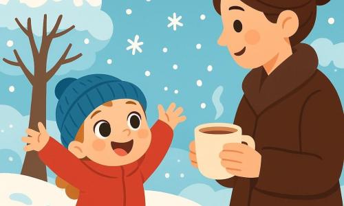 Una bambina di 2 anni, con grandi occhi brillanti e un sorriso gioioso, indossa una tuta rossa e un berretto di lana blu. Sta giocando nella neve, alzando le braccia con entusiasmo per catturare i fiocchi che cadono. Accanto a lei, sua madre, una donna di circa 30 anni con i capelli castani raccolti in un chignon, indossa un cappotto spesso. Sorride guardando la figlia, tenendo una tazza di cioccolata calda nelle mani. Il contesto è un giardino invernale, con alberi coperti di neve scintillante, un cielo azzurro chiaro e fiocchi di neve che danzano nell'aria. La scena principale mostra la bambina meravigliata dalla neve, che si diverte a fare palle di neve, mentre la madre la osserva con tenerezza, creando un'atmosfera calda e gioiosa in pieno inverno.