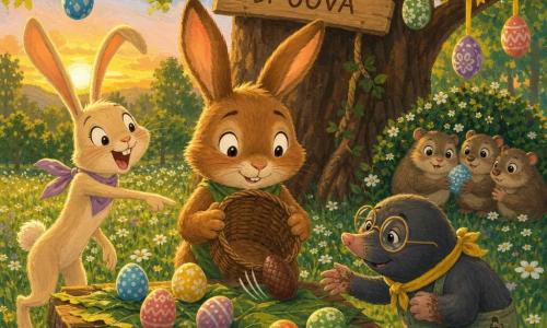 Pippo, un piccolo coniglio ordinato dal pelo nocciola, orecchie grandi leggermente appuntite e occhi tondi sorpresi, sorride timidamente tenendo un cestino di vimini da cui rotola un uovo di cioccolato; Lilla, una lepre snella e vivace dal pelo crema, occhi vivaci e sorriso gioioso, ride e indica l’uovo saltellante, leggermente dietro a sinistra di Pippo; una talpa timida con occhiali tondi, zampette sporche e sorriso incerto, è inginocchiata a destra del cestino offrendo un uovo; tre ghiri curiosi sullo sfondo condividono un piccolo uovo vicino a un cespuglio. La scena si svolge in una radura primaverile del Bosco di Pistacchio: erba verde punteggiata di margherite, un grande tronco con un cartello «SCAMBIO DI UOVA», nastri gialli e uova dipinte appese ai rami, luce dorata del tramonto. Momento conviviale di condivisione: l’uovo magico di cioccolato rotola su un tavolo di legno coperto di foglie, gli animali scambiano e prendono uova decorate in un’atmosfera calda e colorata, resa con texture da gouache, pennellate visibili e contorni morbidi.