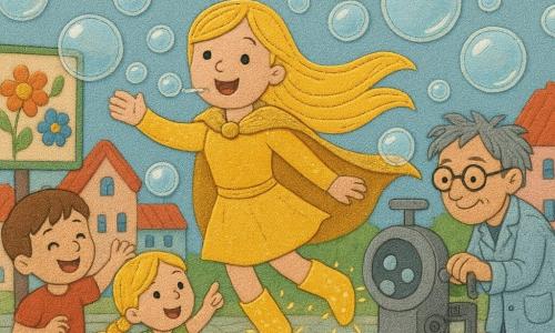 Luma Lente is een vrolijke, goedhartige vrouwelijke held met rond glimlachend gezicht, lange zongeel haar, fonkelende mantel en lichte laarzen; ze springt en blaast kleine lachende belletjes die grote doorzichtige glanzende bellen verkleinen tot vrolijke bubbels. Uitvinder Jax, ongeveer 45, warrig grijs haar, ronde bril en een blauwwitte werkjas met olievlekken, staat rechts naast een grote metalen bubbelmachine en trekt aan een hendel. Links op de voorgrond een 6‑jarige jongen met kort bruin haar in een rood T‑shirt rent lachend om een bel te pakken; dichtbij hem een 5‑jarig meisje met blonde gevlochten haren in een groene jurk met stippen die wijst naar de bellen. Het plein van Zonnestad heeft gekleurde kasseien, pastelgevels met rode daken, ronde lantaarns en een groot bord met geborduurde bloemen; sfeer licht, felle kleuren en zichtbare stoftexturen met gezoomde randen voor het toegepaste effect.