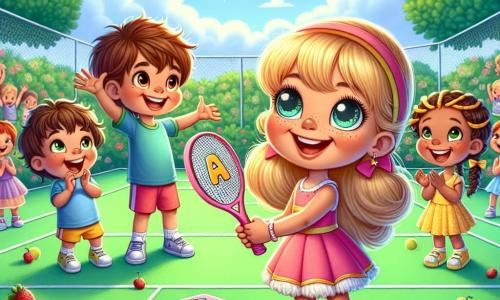 O fetiță de 6 ani, Maria, cu ochi mari și strălucitori și un zâmbet radiant, stă pe un teren de tenis verde, ținând o rachetă roz cu un abecedar în formă de stea. Este plină de energie și entuziasm, pregătită să joace. Lângă ea, un băiat de 6 ani, Andrei, cu părul brun zburlit și un tricou albastru aprins, o încurajează cu un zâmbet larg, ridicând brațele în aer. Un alt copil, Ioana, o fetiță de 6 ani cu împletituri aurii și o rochie galbenă, aplaudă cu bucurie, stând lângă fileu. Terenul este înconjurat de copaci verzi luxurianți și un cer albastru deschis, cu câteva nori albi pufoși. În fundal, prietenii râd și se distrează, creând o atmosferă veselă și prietenoasă. Maria se pregătește să servească mingea, concentrată și hotărâtă, în timp ce prietenii o încurajează cu entuziasm, creând o scenă vibrantă de camaraderie și sportivitate.
