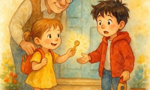 Mila, a joyful focused 4-year-old with rosy round cheeks and light brown hair in two small pigtails, wears a tiny backpack jingling with pencils and carefully extends a small shiny key with a gentle smile; opposite her on the porch stands a surprised relieved 6-year-old boy with messy black hair and a slightly too-large red jacket, arms open to receive the key while holding a small wooden toy rocket; a kind calm grandfather of about 65 with gray hair, round glasses, a cream shirt and brown vest leans slightly behind Mila with a hand on her shoulder; they are on the sunlit wooden steps of an old house with fresh paint, miniature flowerpots and a curled tabby kitten on the threshold, the scene warm and luminous with soft watercolor washes and controlled splashes around the flowers and sky to suggest movement.
