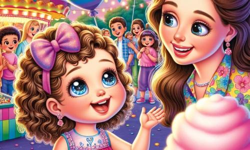 A 4-year-old girl named Lily, with sparkling big eyes and curly hair, wears a rainbow dress and a big bow in her hair. She smiles in amazement, holding a dog-shaped balloon in one hand and a cotton candy cloud in the other, standing at the center of the scene. Next to her, her mother, a woman in her thirties with long brown hair, wears a colorful blouse and a warm smile. She looks at Lily tenderly, holding a large pink cotton candy. In the background, the carnival is filled with colorful tents, floating balloons, and twinkling lights, creating a festive and joyful atmosphere. Children laugh and play around them, while a friendly clown makes balloon animals for a smiling little girl. The main scene shows Lily and her mother at the heart of the carnival, amazed by the bright colors and activities, sharing a moment of happiness and magic together.