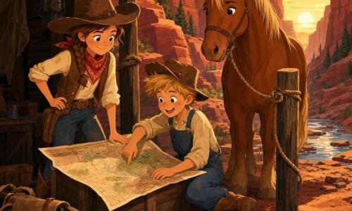 The protagonist is a proud, smiling girl cowboy about 12–14 with a round face, freckles, brown braided hair, a worn brown cowboy hat and red bandana, standing straight with one hand on a large unfolded map on a wooden crate; a cheerful boy (Tom, ~12) with short blond hair, blue overalls and a slightly askew hat sits on the ground beside her, pointing at the map; Dusty, a large sorrel horse with a shaggy mane and gentle expression, is tied to a wooden post to their right, at the entrance to a red-and-ochre canyon with striated walls, angular rocks, a few pines, a shallow stream with flat stones and a small wooden cabin tucked against the cliff; golden sunset light and long shadows, Jessie and Tom sheltered in the cabin with the map between them, dusty boots, a canvas bag and a walking stick nearby; warm colors, flat textures, clear outlines and a simple, child-friendly composition.