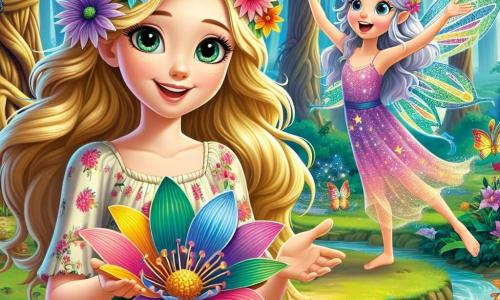 Elara, a young woman with golden hair and sparkling curious eyes, stands at the center of the scene, a wide smile illuminating her face. She wears a light dress with colorful flowers that dances with the wind, delicately holding a beautiful multicolored flower in her hands, a symbol of magic and dreams. Beside her, Lily, a little fairy with shimmering wings like stars, joyfully flies. She has silver hair and a mischievous face, enthusiastically gesturing to encourage Elara in her quest. In the background, the enchanted forest stretches as far as the eye can see, with majestic trees and vibrant green leaves. Colorful flowers and butterflies dance around them, while a sparkling stream winds through the landscape, adding a touch of magic to the atmosphere. The main scene shows Elara discovering the rainbow flower, her eyes shining with wonder, while Lily encourages her with a radiant smile, creating a joyful and magical scene in this fairy world.