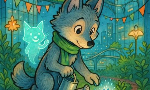 A small wolf named Luno, calm and curious with soft blue-gray fur and bright hazel eyes, wearing a green scarf and holding a polished metal watering can, kneels to plant a tiny glowing blue pod-flower in a rooftop garden; the shy flower emits a gentle halo, a translucent smiling fox micro-hologram floats above it waving in thanks, silver drones hum in the distance and neon-feathered birds streak by, all on a suspended terrace between glass skyscrapers with winding skywalks, colorful banners, flower-shaped solar lamps and hanging greenery, the futuristic city glowing below under a deep blue sky, soft light and a tender, hopeful mood.