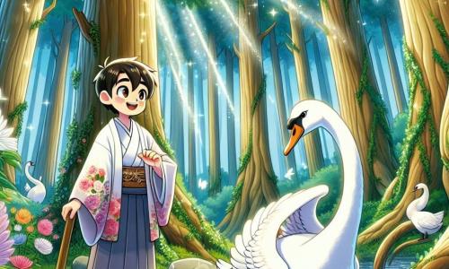 A young boy named Kazuki, around 12 years old, stands by a sparkling stream, his eyes sparkling with curiosity and a big smile on his face. He wears a traditional kimono with floral patterns and holds a carved wooden stick from his grandfather, gazing in wonder at a beautiful white swan nearby. The swan, majestic and graceful, has bright white feathers and a delicate long neck, appearing to respond to Kazuki with a friendly demeanor, her head slightly tilted. The setting is an enchanted forest with giant, gnarled trees and vibrant green leaves filtering sunlight, creating luminous patterns on the ground. Colorful flowers bloom around them, adding a touch of magic to the environment. The main scene shows Kazuki asking the swan a question, seeking advice on finding hidden treasure, while the stream sparkles in the sunlight, adding an atmosphere of mystery and adventure to this fairy-tale scene.