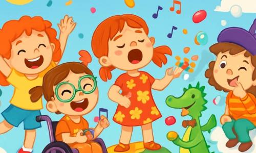 There are 4 children: Maddy, a 5-year-old girl with curly orange hair and a bright smile, joyfully dancing with her arms in the air, surrounded by colorful confetti; Pip, a 5-year-old girl with big green glasses in a wheelchair, laughing heartily while holding a handful of shiny jellybeans; Lila, a 5-year-old girl with freckles on her nose and a flower dress, singing a funny song with her hands on her hips, surrounded by dancing flowers; and Jojo, a 5-year-old girl wearing a purple hat with a large feather, making faces while sitting on a fluffy cloud surrounded by soap bubbles. The setting is the top of Jellybean Mountain, where the ground is covered in rainbow rocks and fluffy clouds, with multicolored jellybeans scattered everywhere. A small dragon named Pickles, wearing a bow tie, joyfully juggles candies. The main scene shows the four girls celebrating their victory, surrounded by vibrant colors and laughter, as they prepare to throw a big party with jellybeans falling from the sky.