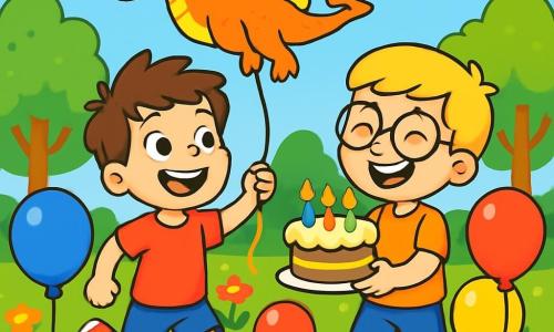 Een 8-jarig jongetje, Tommy, met rommelig bruin haar en sprankelende ogen van blijdschap, rent door een zonnig park met een grote glimlach op zijn gezicht. Hij draagt een felrode t-shirt en een blauwe short, terwijl hij een grote ballon in de vorm van een draak boven zijn hoofd houdt. Naast hem staat zijn vriend Sam, ook een 8-jarig jongetje, met blond haar en ronde bril, die lacht terwijl hij een verjaardagstaart met kleurrijke kaarsjes vasthoudt. Ze staan op een groene grasmat, omringd door kleurrijke ballonnen en feestelijke spellen. Op de achtergrond voegen loofbomen en stralende bloemen kleur toe aan de scène. De hoofdactie toont Tommy en Sam die samen plezier hebben, vol opwinding en geluk, klaar om een wens te doen door een grote ballon de lucht in te laten.