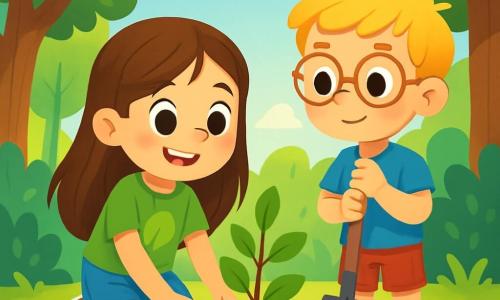 Uma menina de 8 anos, com cabelos longos e castanhos e olhos curiosos, sorri alegremente enquanto planta uma pequena muda de árvore no solo. Ela usa uma camiseta verde com um desenho de folha e um short de jeans, suas mãos estão levemente sujas de terra, mostrando seu entusiasmo pela natureza. Ao lado dela, um menino de 8 anos, com cabelos loiros e óculos redondos, segura uma pá e observa admirado a muda que ela planta. Ele veste uma camiseta azul e um short vermelho, parecendo determinado a ajudar. A cena ocorre em uma clareira ensolarada na floresta, cercada por árvores majestosas e flores coloridas. Os dois crianças estão engajadas em uma bela ação de plantio, simbolizando seu compromisso em proteger a natureza e tornar o ambiente mais vivo e colorido.