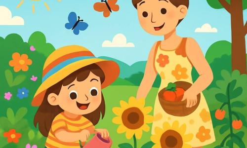 A 4-year-old girl with long brown hair and sparkling eyes wears a colorful sun hat and a striped t-shirt. She waters giant sunflowers with a small pink watering can, her face beaming with excitement and pride. Next to her, a woman in her thirties, her mother, has her hair in a bun and wears a light floral dress. She smiles warmly while holding a basket filled with red tomatoes. The scene takes place in a vibrant community garden, filled with colorful flowers, ripe vegetables, and large trees providing shade. Butterflies dance around the flowers, and the sun shines in a clear blue sky. The main focus shows the girl joyfully watering the sunflowers while her mother encourages her with a smile, creating an atmosphere of happiness and sharing in this blooming garden.