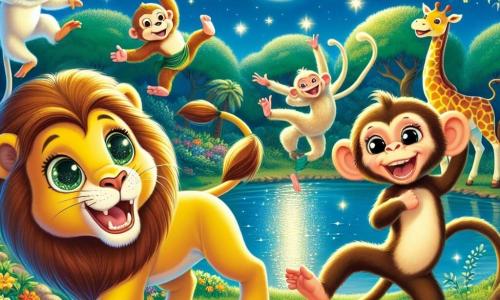 Um leão de olhos brilhantes e juba dourada, Leo, dança alegremente à beira de um lago cintilante sob a luz da lua, com um grande sorriso no rosto, demonstrando seu entusiasmo e curiosidade. Ao seu lado, Mimi, uma pequena macaca travessa com pelagem marrom e cauda longa, salta no ar rindo, enquanto Tico, outro macaco, faz acrobacias ao fundo, com os olhos brilhando de travessura. Ao fundo, uma elegante girafa, Greta, estica o pescoço para ver a cena, com um ar divertido no rosto. O lugar é uma floresta encantada, cheia de árvores de folhas verdes vibrantes e flores coloridas, com um céu estrelado que ilumina a cena com uma suave luz. A situação principal mostra Leo e seus amigos em plena festa, dançando e se divertindo juntos, criando uma atmosfera alegre e cheia de vida.