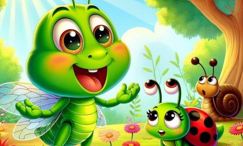 Tito, um pequeno gafanhoto verde vibrante com grandes olhos brilhantes, está pulando alegremente no meio de um jardim colorido, com um largo sorriso no rosto, expressando excitação e inocência. Ao seu lado, Lili, uma joaninha vermelha com pintas pretas, observa Tito com um olhar curioso e entusiasmado, suas asas levemente abertas como se estivesse pronta para voar. Caco, um caracol marrom com uma concha espiral, está um pouco atrás, exibindo uma expressão de espanto e cautela, observando seus amigos com um olhar atento. O jardim está repleto de flores vibrantes de todas as cores, grandes folhas verdes e uma suave luz do sol filtrando através das árvores. No fundo, uma grande árvore majestosa se ergue, suas raízes se estendendo pelo chão. A cena principal mostra Tito contando uma história incrível para seus amigos, cativando-os com seu entusiasmo, enquanto Lili e Caco o escutam atentamente, cada um reagindo às suas palavras com expressões de surpresa e diversão.