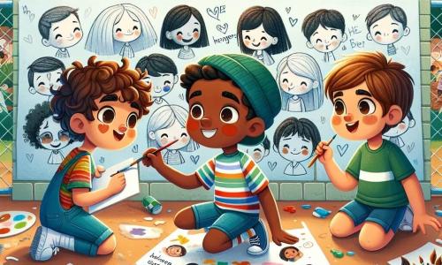 Tres personajes principales están presentes: 1. **Diego**, un niño de 10 años, con cabello castaño y rizado, que lleva una camiseta colorida y un short. Está sentado en el suelo, rodeado de pinceles y botes de pintura, dibujando rostros de niños de diferentes culturas en un gran lienzo. 2. **Samir**, un niño de 10 años de origen árabe, con cabello negro y liso, que lleva una camisa a rayas y pantalones azules. Está de pie junto a Diego, sosteniendo un cuaderno y escribiendo frases inspiradoras sobre la aceptación. 3. **Lucas**, un niño de 10 años, con cabello rubio y corto, vestido con una camiseta verde y jeans. Está pintando una escena de camaradería en la pared, sonriendo y animando a sus amigos a colaborar. La escena tiene lugar en el patio de una escuela primaria, lleno de colores vivos, rodeado de árboles verdes y con niños jugando al fondo. El suelo está cubierto de hojas de papel y botes de pintura, creando un ambiente alegre y creativo. La situación principal muestra a los tres amigos trabajando juntos en un mural que celebra la diversidad, con sonrisas en sus rostros, intercambiando ideas y risas, ilustrando la importancia de la amistad y la aceptación de las diferencias.
