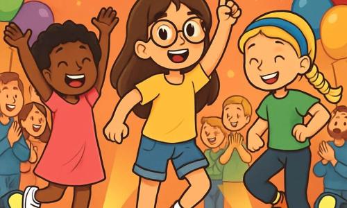 Er zijn 3 personages: - Noor: een 10-jarig meisje met lang bruin haar en een ronde bril. Ze draagt een felgele t-shirt en een spijkerbroek. Ze staat in het midden, glimlachend, en laat enthousiast een dans zien. - Zara: een 10-jarig meisje met kort, krullend zwart haar. Ze draagt een roze jurk en witte sneakers. Ze staat links van Noor, met opgeheven armen, vol energie en vreugde. - Mila: een 10-jarig meisje met gevlochten blond haar en een blauwe haarband. Ze draagt een groene t-shirt en zwarte broek. Ze staat rechts van Noor, maakt een danspas en heeft een grote glimlach op haar gezicht. De locatie is een kleurrijk podium, versierd met lichtslingers en gekleurde ballonnen. Op de achtergrond zijn ouders en vrienden te zien die applaudisseren, met blije gezichten en sterren in hun ogen. De vloer is van glanzend hout en schijnwerpers verlichten het podium, wat een feestelijke en warme sfeer creëert. De belangrijkste situatie toont de drie vriendinnen die samen op het podium dansen, stralend van vertrouwen en geluk. Ze voeren een gesynchroniseerde choreografie uit, omringd door applaus, wat hun vreugde en kameraadschap illustreert.
