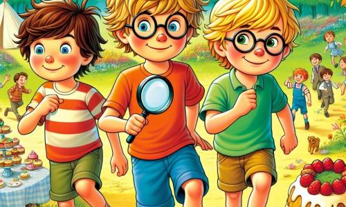 Drie jongens, Tim, Sam en Bas, staan in het midden van een levendige scène. Tim, 10 jaar oud, heeft wild bruin haar en draagt een rode t-shirt met een blauwe short. Hij kijkt vastberaden vooruit met een vergrootglas in de hand. Sam, ook 10 jaar oud, heeft blond haar en draagt ronde brillen. Hij houdt een notitieboek vast en lijkt na te denken, zijn gezicht getuigt van nieuwsgierigheid. Bas, de kleinste van de drie met 9 jaar, heeft kastanjebruin haar en een grote glimlach. Hij draagt een groene t-shirt en staat iets op de achtergrond, lachend om de situatie. De scène speelt zich af in een zonnig park, vol kleurrijke bloemen en grote bomen. Op de achtergrond spelen kinderen vrolijk, terwijl een grote tafel versierd met gekleurde vlaggen zichtbaar is, met een enorme taart omringd door kleine gebakjes en snoepjes. De hoofd situatie toont de drie vrienden die een onderzoek doen, ontdekkend dat er voetafdrukken naar een bosje leiden, terwijl ze ideeën uitwisselen over het mysterie van de verdwenen taart. De uitdrukking op hun gezichten toont opwinding en avontuurlijke geest, wat de essentie van hun zoektocht naar het oplossen van het mysterie vastlegt.
