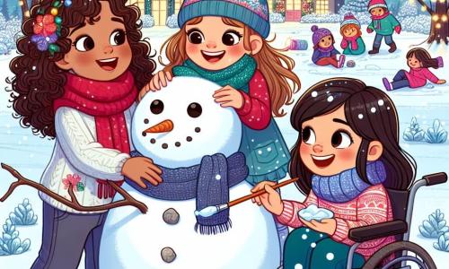 En un parque nevado, tres amigas están creando un gran muñeco de nieve. Sofía, una niña de nueve años con cabello rizado y una bufanda roja, está agachada moldeando la nieve con sus manos. A su lado, Clara, una niña de nueve años con cabello largo y un gorro azul, ríe mientras añade piedras para los ojos del muñeco de nieve. Valeria, una niña de nueve años en silla de ruedas, con cabello liso y una gran sonrisa, sostiene una paleta de pintura colorida, lista para decorar el muñeco con motivos alegres. El parque está lleno de copos de nieve brillantes que caen suavemente, y árboles con ramas cubiertas de nieve rodean a las niñas. A lo lejos, luces navideñas brillan en las casas del pueblo, creando un ambiente mágico y festivo. Las tres amigas se divierten juntas, riendo y compartiendo ideas para hacer su muñeco de nieve lo más bonito posible, simbolizando la amistad y la creatividad en pleno invierno.