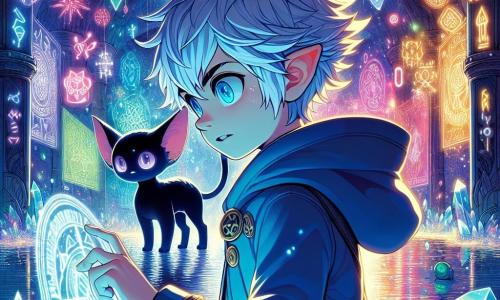 En el centro de la imagen, Erio, un joven con cabello despeinado y translúcido, lleva un abrigo azul que brilla bajo la luz de los neones. Su rostro expresa una curiosidad desbordante, y sus ojos brillantes observan los símbolos misteriosos que danzan a su alrededor. A su lado, Boldo, un gato negro con ojos lilas, se sostiene sobre sus patas traseras, con una postura orgullosa y traviesa, como si estuviera listo para resolver un misterio. En el fondo, la escena se desarrolla bajo un puente de cristal, donde reflejos coloridos se mezclan con gotas de lluvia brillantes. Las paredes están adornadas con grafitis vibrantes y runas antiguas que parecen cobrar vida, creando una atmósfera mágica e intrigante. Erio y Boldo descubren juntos una inscripción luminosa en un reflejo de agua, mientras destellos de luz bailan a su alrededor, revelando un mundo donde la magia urbana cobra vida.