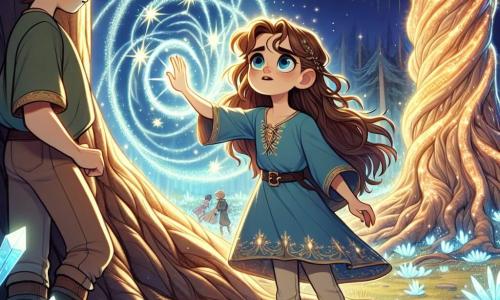 A 12-year-old girl named Elara stands at the center of the scene, her eyes shining with excitement and determination. She has long, wavy light brown hair, a blue tunic adorned with star patterns, and leather boots. She is placing her hand on a massive glowing tree, the Nexus, which pulses with magical energy, while a golden light illuminates her face. Next to her, her best friend Aric, a 12-year-old boy with messy brown hair and a curious look, leans forward, observing the sparkling crystals surrounding the tree. He wears a green shirt and beige pants, appearing both worried and fascinated by the magic around them. The setting is an enchanted clearing, where majestic trees with twisted trunks rise toward the sky, their leaves shimmering like stars. The ground is covered with luminescent flowers and bright crystals, creating a fairy-tale, mystical atmosphere. The main situation shows Elara and Aric united in a moment of bravery as they activate their magical creation to fend off a threatening shadow emerging from the depths of the forest, symbolizing the battle between light and darkness.