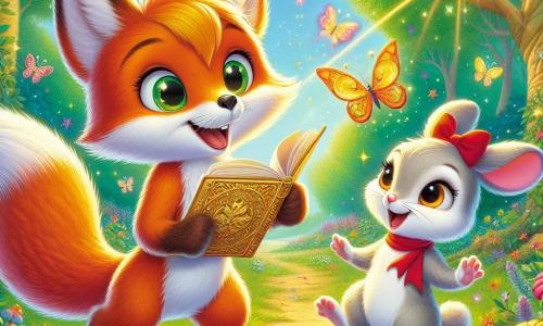 In the center of the image, a small fox named Felix, with bright orange fur and a bushy tail held up joyfully, has a big excited smile. His shining eyes are filled with curiosity as he holds a golden book in his paws, ready to discover new adventures. Next to him, a small mouse named Mabel, with soft gray fur and sparkling big eyes, jumps for joy. She wears a small red bow around her neck and looks at Felix with admiration, her face beaming with enthusiasm. A little further back, an adorable rabbit named Benny, with long ears and white fur, watches with a knowing smile. His cheeks are slightly flushed with excitement, and he holds a colorful map in his paws, ready to guide them on their next adventure. The setting is an enchanted clearing bathed in golden light, surrounded by majestic trees with vibrant green leaves. Colorful flowers dance in the breeze, and butterflies flutter around them, adding a touch of magic to the atmosphere. The main scene shows Felix, Mabel, and Benny together, discovering the Book of Dreams, illuminated by a soft light, symbolizing their friendship and the extraordinary adventures that await them.