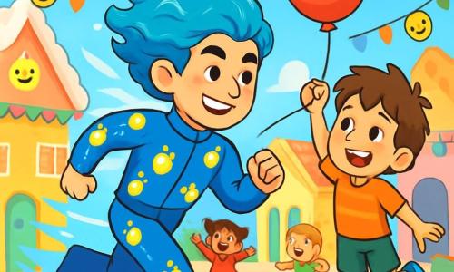 Fulmine Blu, un uomo dai capelli ondulati color oceano, indossa un costume blu brillante decorato con lampade gialle scintillanti. Il suo volto irradia determinazione e gentilezza mentre corre a tutta velocità, lasciando dietro di sé una scia di luce azzurra. Accanto a lui, un ragazzo di 8 anni, con capelli castani arruffati e occhi scintillanti, si aggrappa a un pallone rosso che è sfuggito. Sorride con meraviglia, guardando Fulmine Blu con ammirazione. La scena si svolge nella piazza centrale di Meravigliopoli, dove le case di zucchero filato sono decorate con ghirlande colorate e lanterne sorridenti illuminano il luogo. I bambini giocano intorno, ridendo e divertendosi sotto un cielo blu brillante. Fulmine Blu si lancia per afferrare il pallone rosso prima che voli troppo in alto, pronto ad aiutare il piccolo ragazzo mentre diffonde gioia e luce attorno a sé.